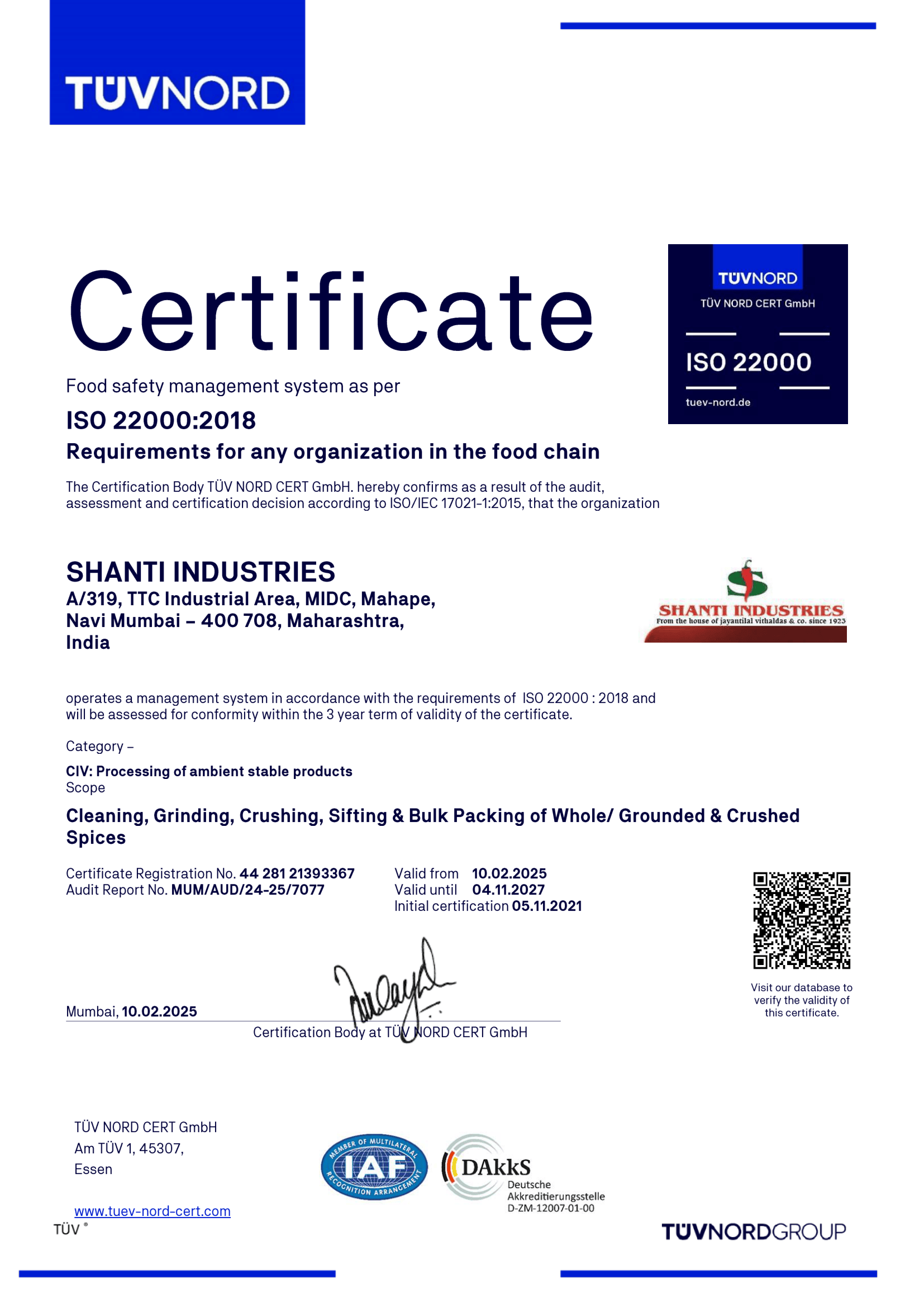 ISO 22000 Certificate